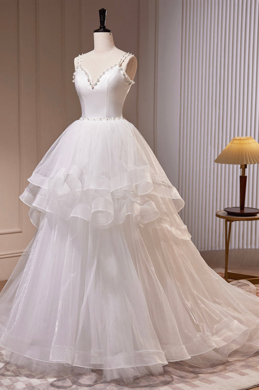 White V-Neck Tulle A-Line Dress