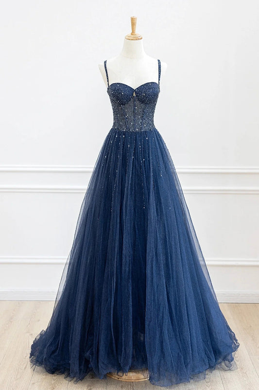 Blue Tulle Beaded Prom Dress
