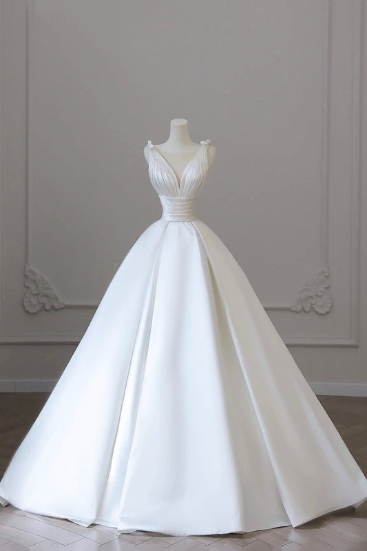 White Satin A-Line V-Neck Dress with Bow