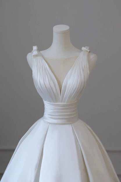 White Satin A-Line V-Neck Dress with Bow