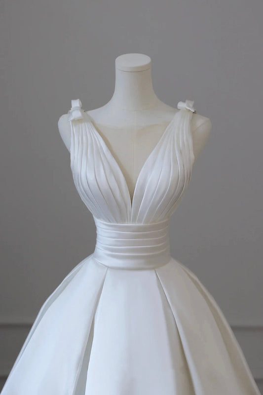 White Satin A-Line V-Neck Dress with Bow