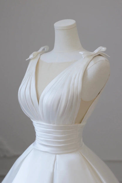 White Satin A-Line V-Neck Dress with Bow