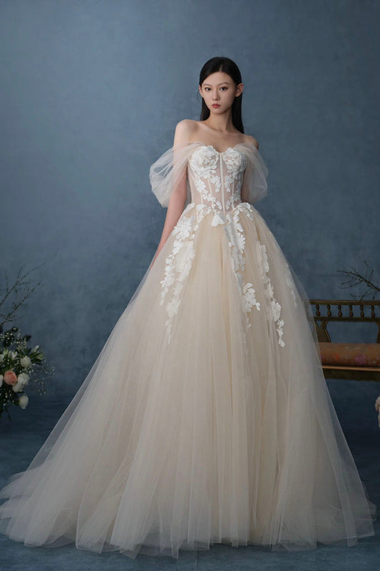 Off the Shoulder Lace Champagne Dress