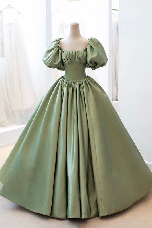Green Satin Puff Sleeves Prom Dress