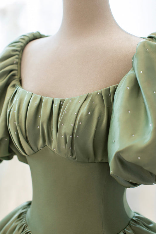 Green Satin Puff Sleeves Prom Dress