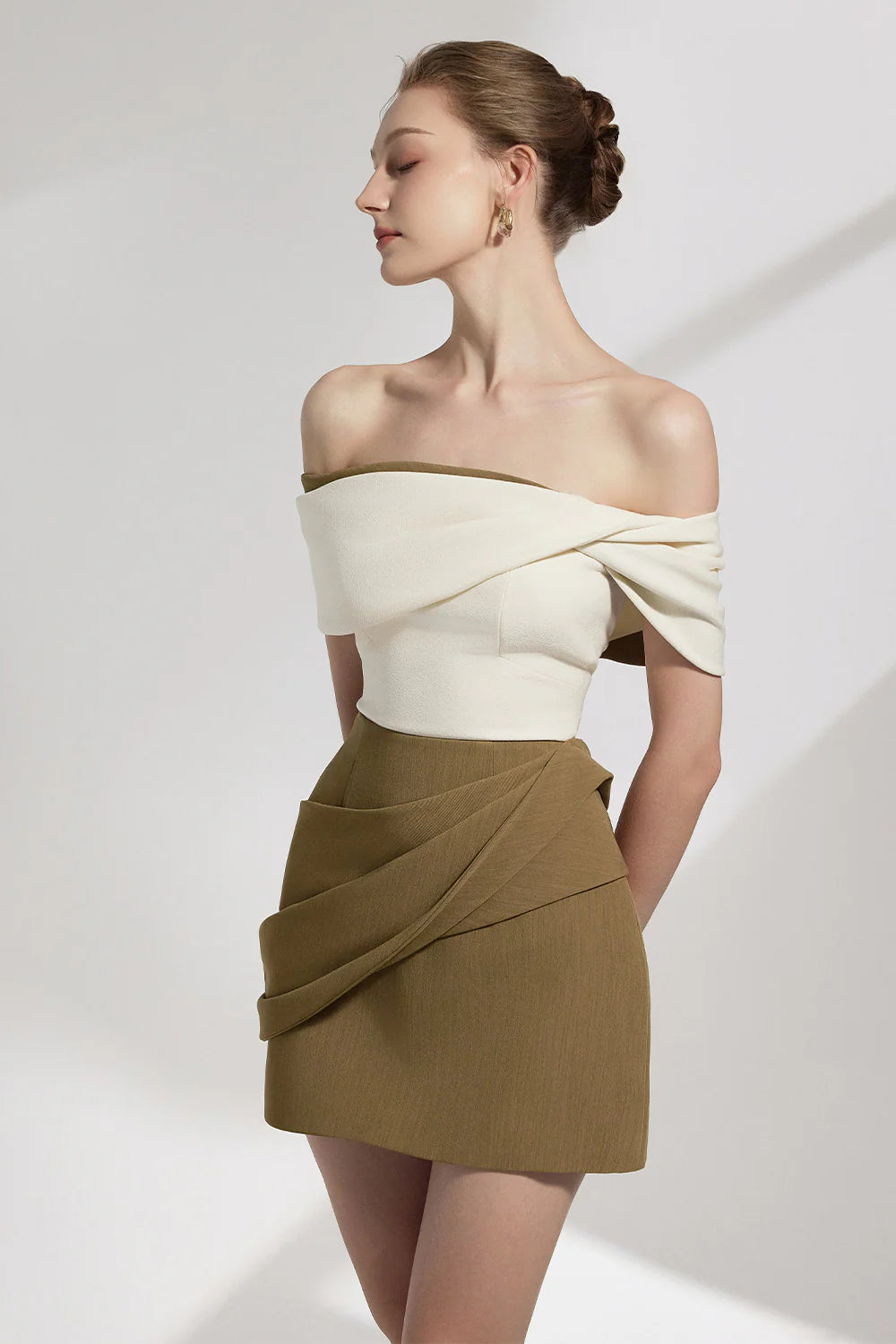 marjorie A-line Pleated Cotton Twill Mini dress in kahki