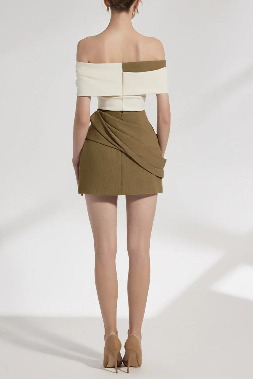 marjorie A-line Pleated Cotton Twill Mini dress in kahki