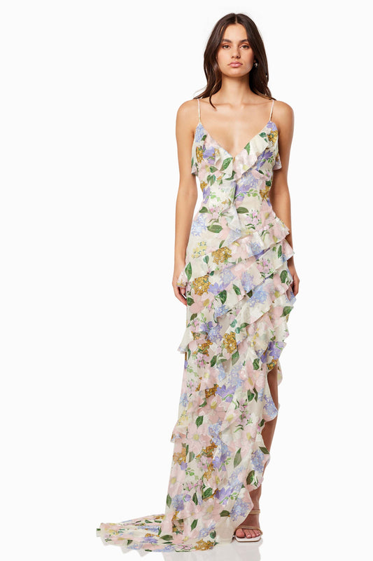 Floral V-Neck Frill Slip Maxi Dress