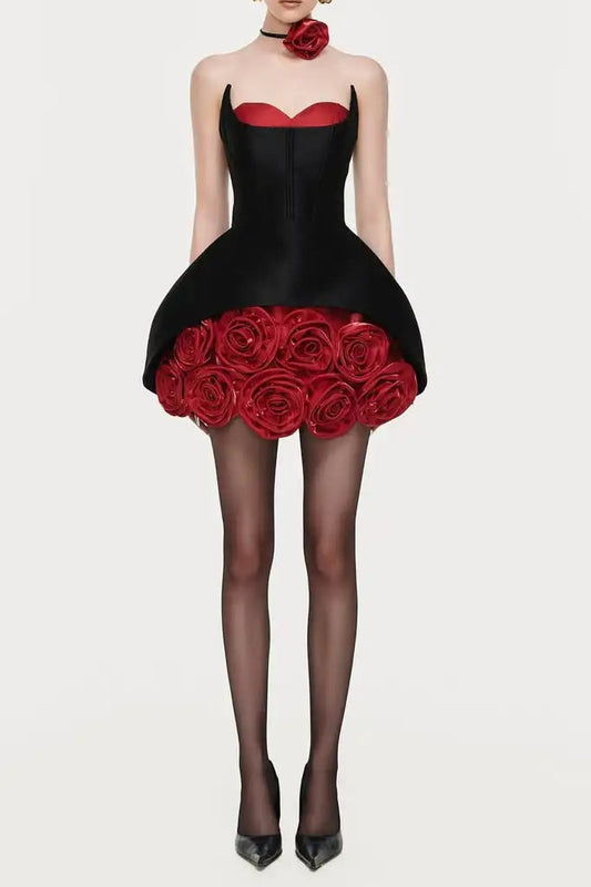 Rose Flower Ruffled Floral mini dress in Red