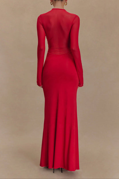 Slinky Mesh Long Sleeve Maxi Dress in Ruby