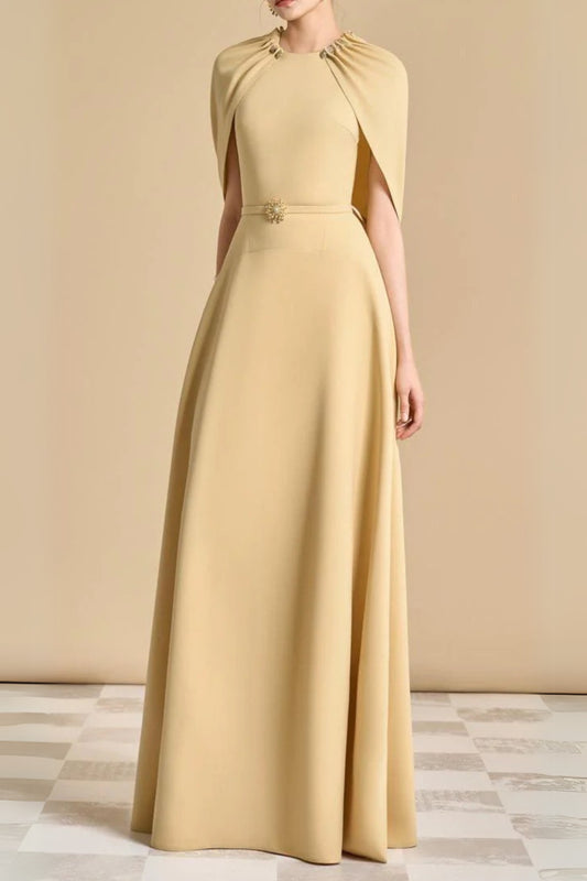 Jasmine A-line Cape Sleeved maxi Dress in yellow beige