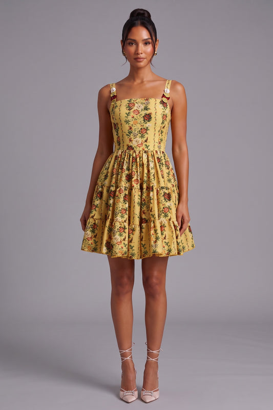 Yellow Floral A-Line Fit-and-Flare Mini Dress yellow structured cotton woven dress - product view 2