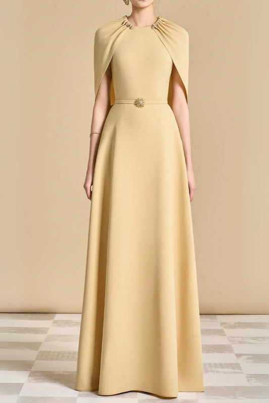 Jasmine A-line Cape Sleeved maxi Dress in yellow beige