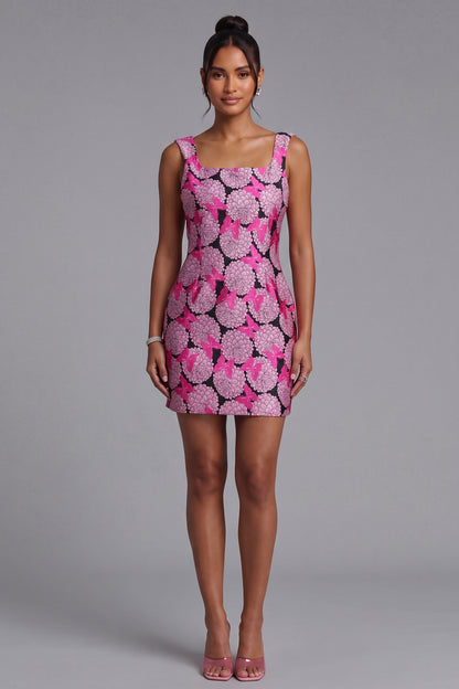 Premium Fabric Floral Mini Dress - Square Neck Premium Fabric - product view 1