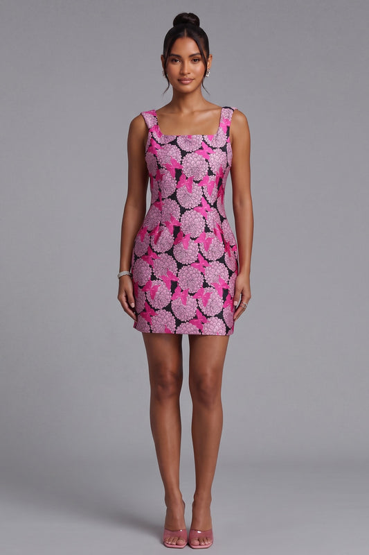Premium Fabric Floral Mini Dress - Square Neck Premium Fabric - product view 1