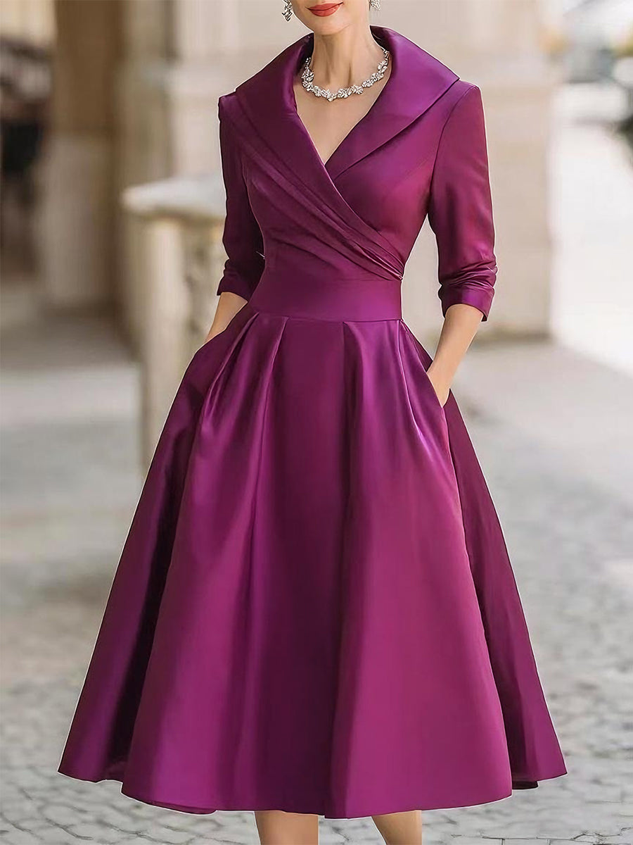 Vintage-Inspired Satin Midi Dress With Draped Collar