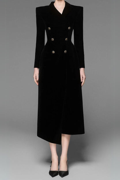 Caloria Asymmetric Notch Lapel Velvet Midi Dress