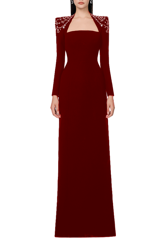long sleeve trapezoid neckline bodycon  maxi dress in red