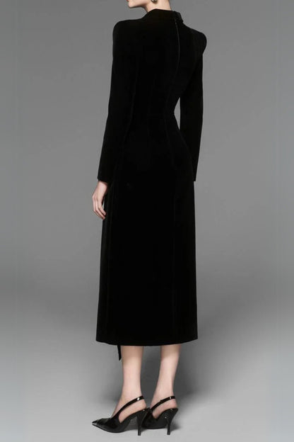 Caloria Asymmetric Notch Lapel Velvet Midi Dress