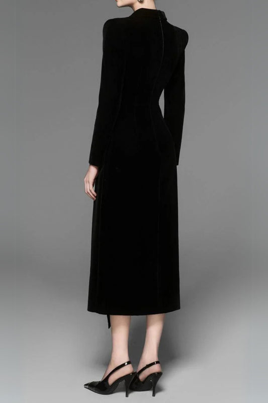 Caloria Asymmetric Notch Lapel Velvet Midi Dress