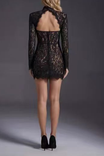 Black Lace Cutout Long-Sleeve Mini Dress