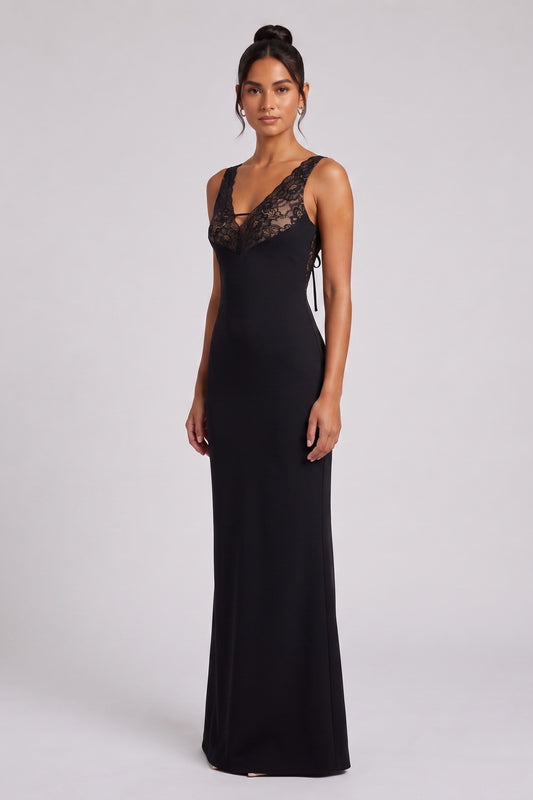 Black Matte Crepe Column Evening Gown with Lace Bodice black matte crepe evening gown - product view 1