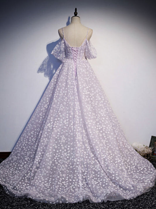 Purple tulle A line maxi prom dress