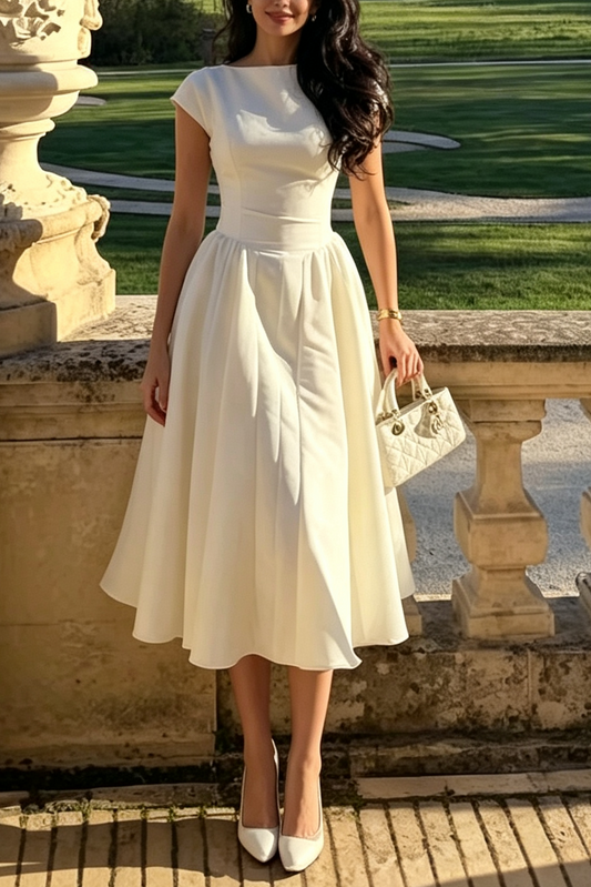 Ivory Structured Satin Fit-and-Flare Midi Dress