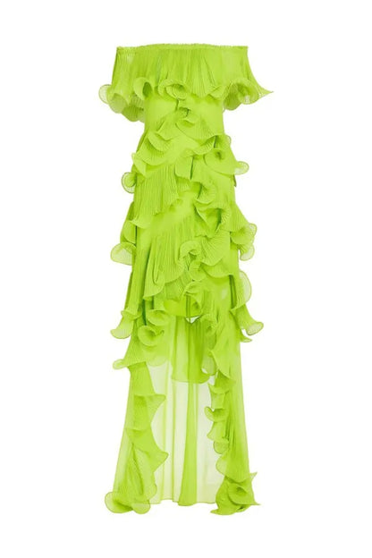 DORA GREEN OFF-SHOULDER PLEATED ORGANZA MAXI DRESS