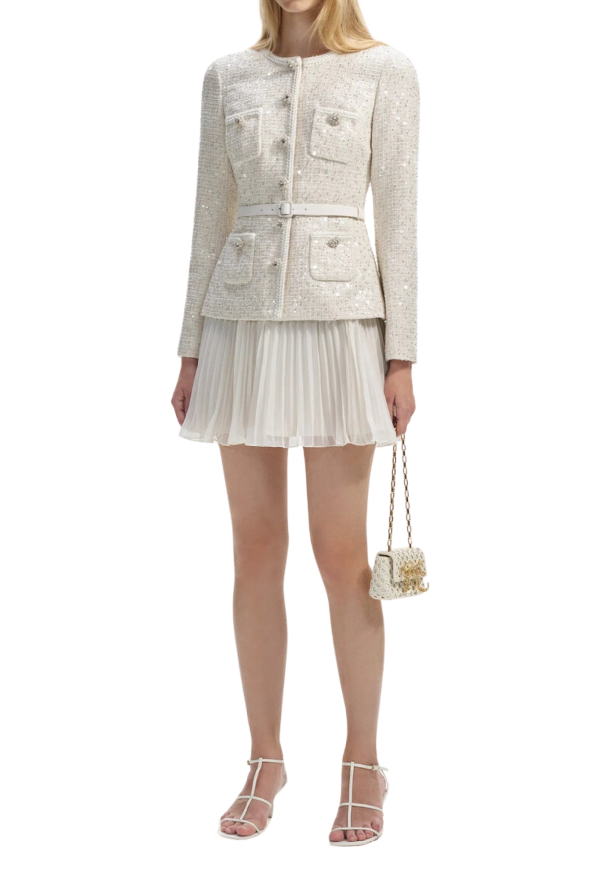CREAM SEQUIN BOUCLE TAILORED MINI DRESS