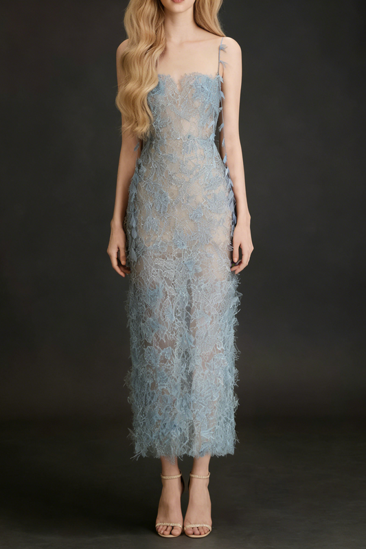BLUE BEADED LACE PENCEL DRESS