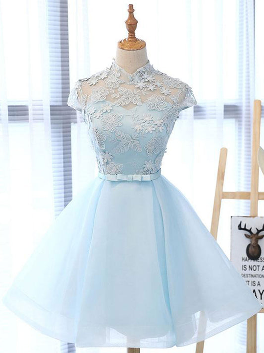 Blue high neck tulle lace Mini dress