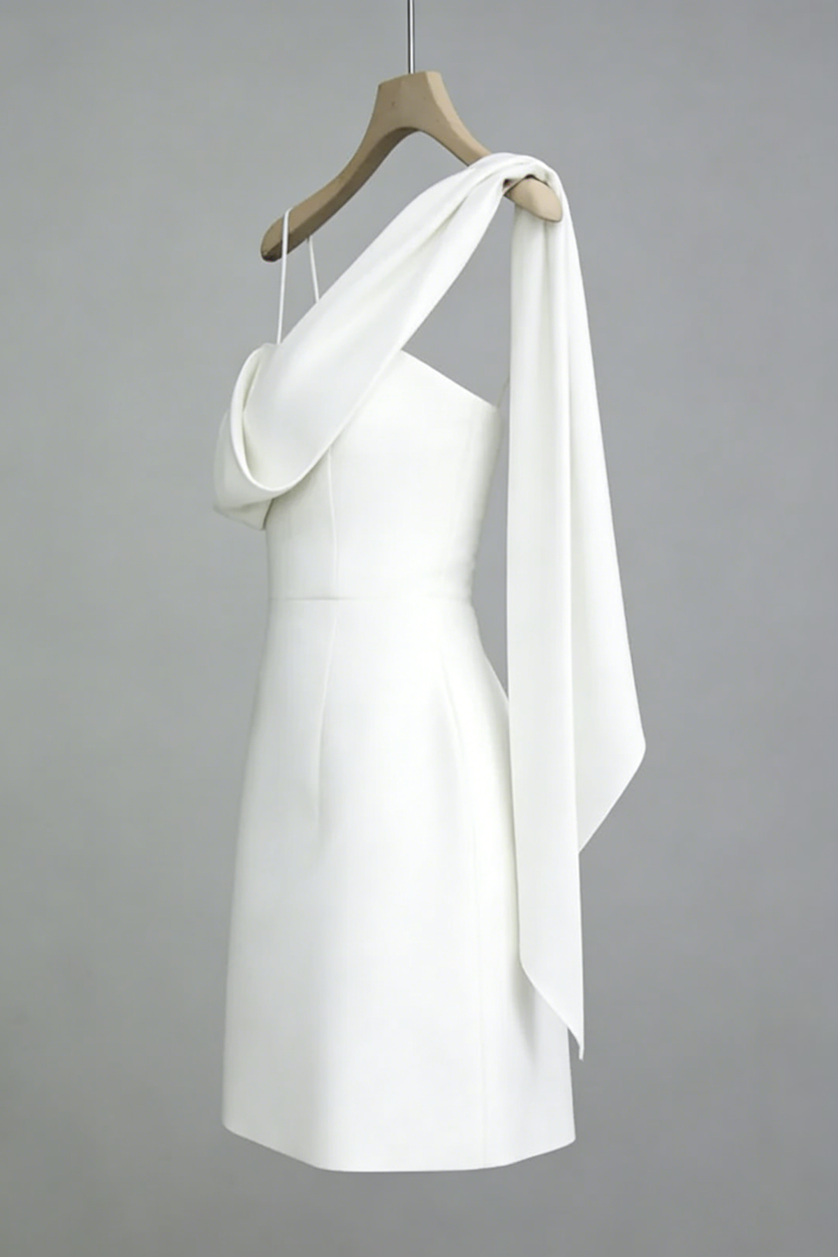 White Asymmetrical One-Shoulder Mini Dress with Sash Tie