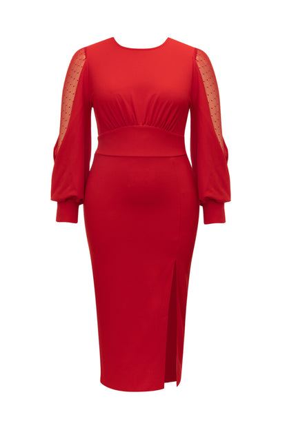 Long sleeve high split midi dress in red