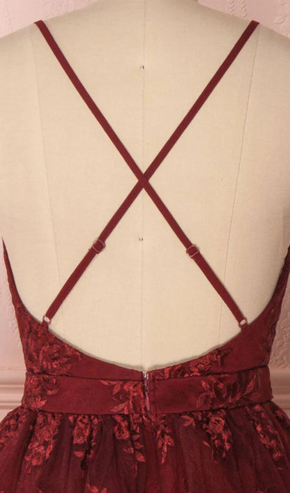 V NECK TULLE LACE SHORT BURGUNDY PROM DRESSES
