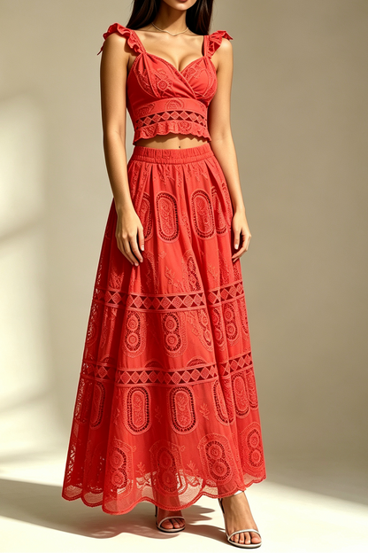 Red Ruffle Spaghetti Strap V Neck Cutout Eyelet Crop Top High Waist Tiered Maxi Skirt 2 Piece Outfit