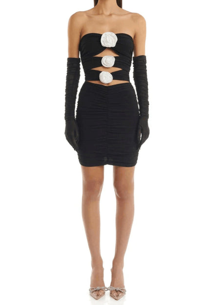 3D FLOWER BANDAGE MINI DRESS IN BLACK