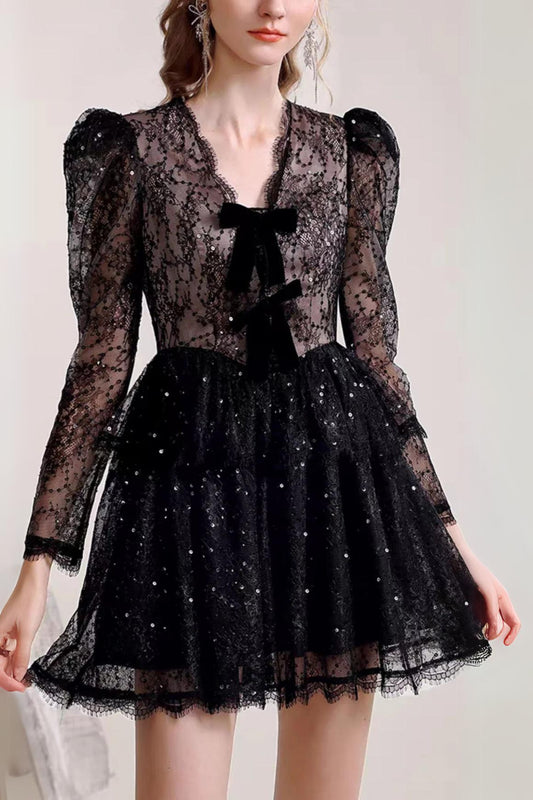 LACE V-NECK LONG SLEEVE MINI DRESS IN BLACK