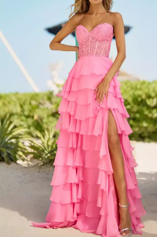 Chiffon strapless high split maxi dresses