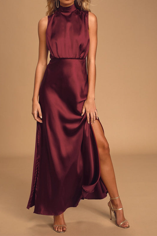 Wine Satin Maxi Dress
