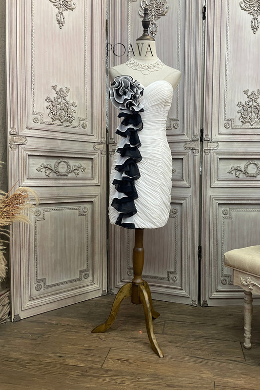Chiffon Floral Strapless Midi Dress In White