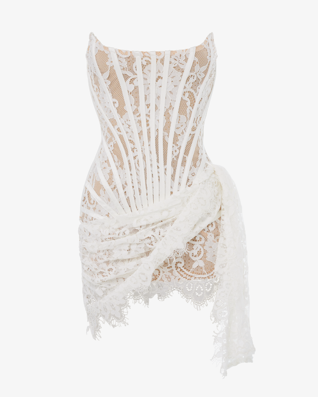 White lace corset draped mini dress
