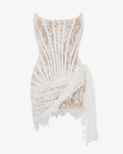 White lace corset draped mini dress