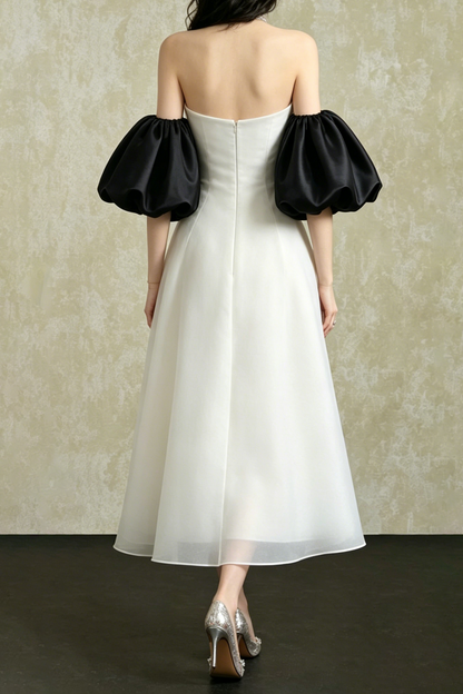 Strapless Layered Organza Midi Dress In White With Giant Puff Bubble Sleeves