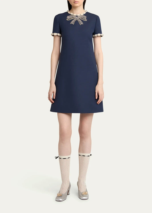 jocelyn rhinestone Embroidered Crepe mini Dress in navy blue