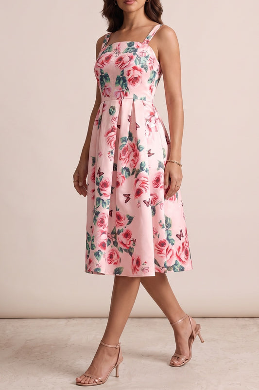 Pink Rose Print Square Neck Wide Strap Fit-and-Flare Midi Dress