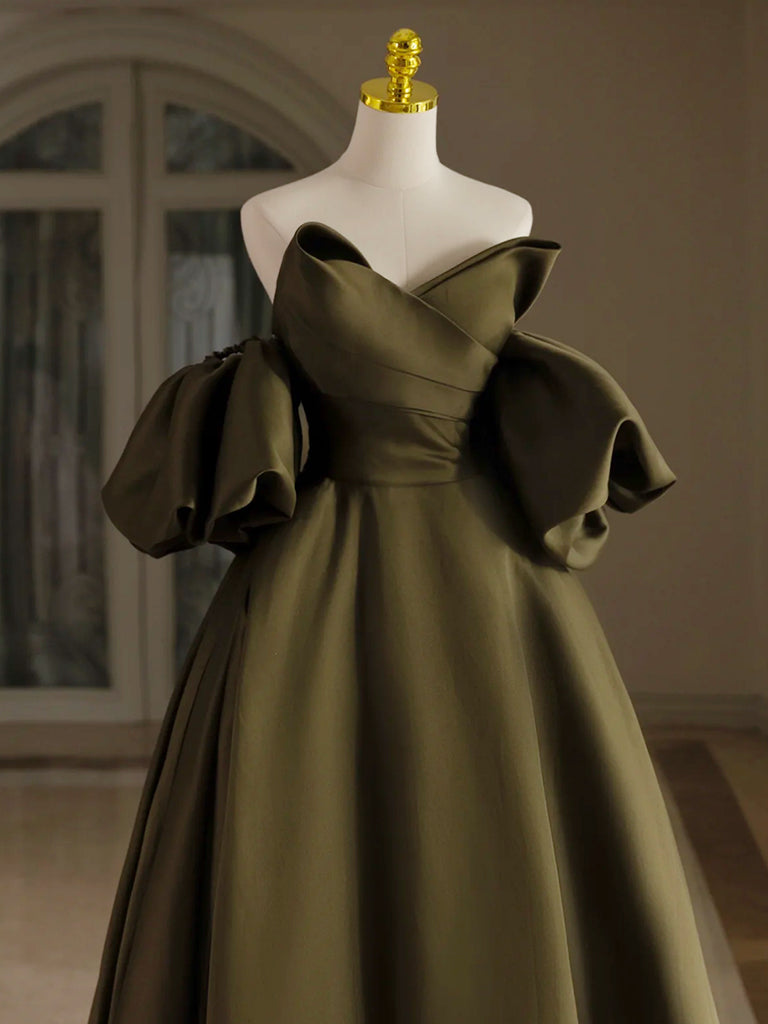 A-Line Puff Sleeves Olive Green Satin Prom Dress