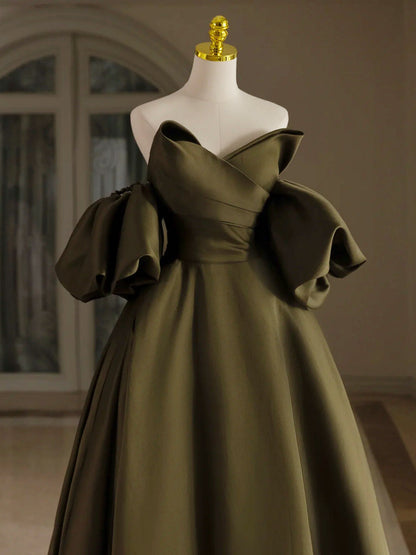 A-Line Puff Sleeves Olive Green Satin Prom Dress