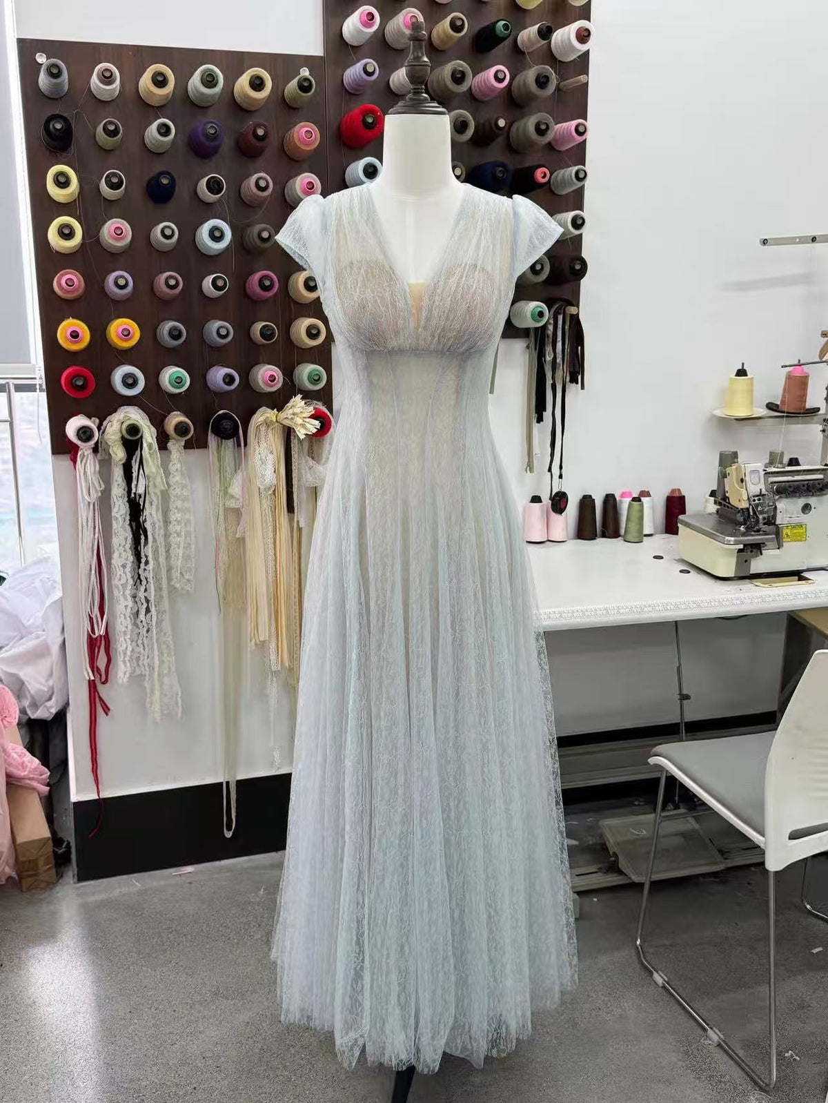 Glitter Tulle Cap Sleeve V-Neck Empire Waist Flowy Maxi Dress