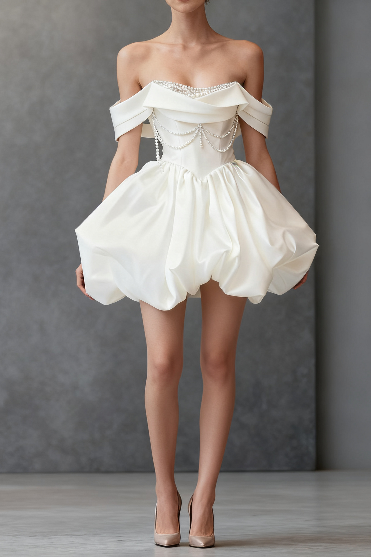 White Satin Beaded Off Shoulder Mini Dress